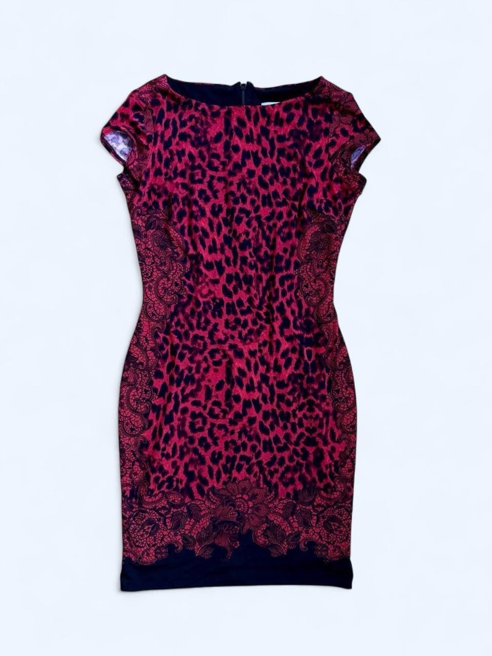 Caché Y2K Petite Red Leopard Black Lace Bodycon Sheath Cocktail Dress Size S